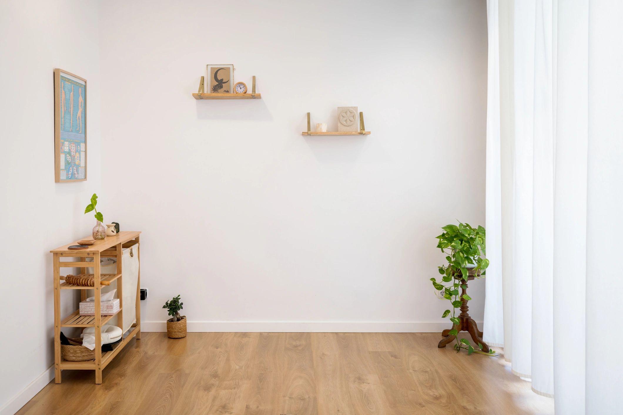 Calm, minimalist therapy office interior with natural light